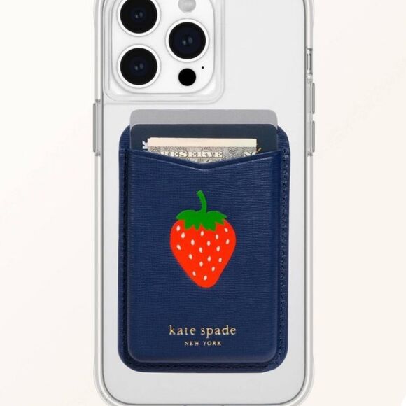 kate spade x Target Navy Strawberry Dotted Magnetic Cell Wallet MagSafe - Picture 1 of 14